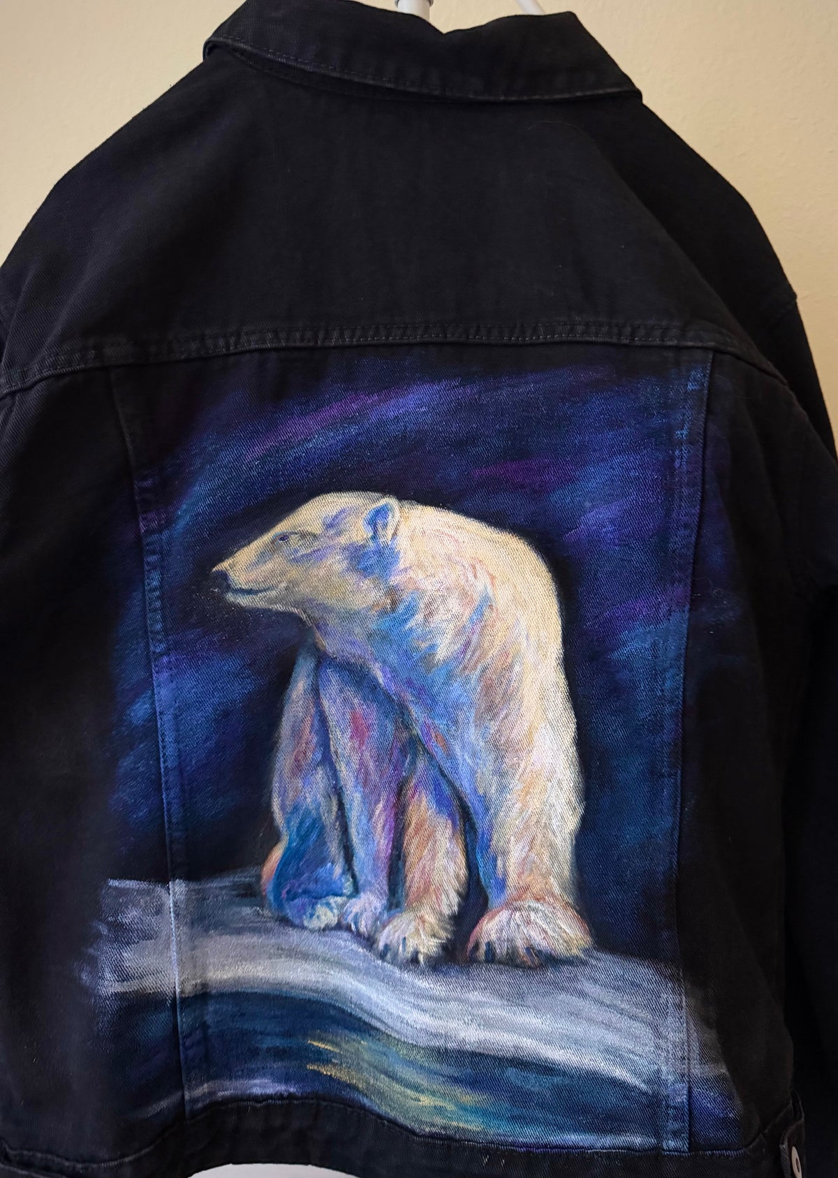 Polar bear on black denim jacket - Size Large
