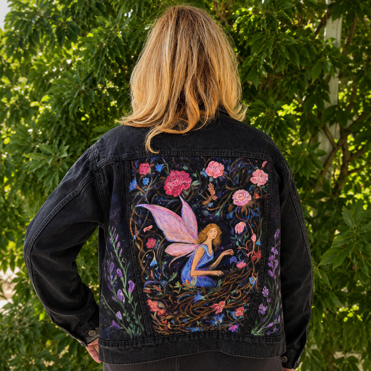 Garden Fairy | Black Denim Jacket | Size Large