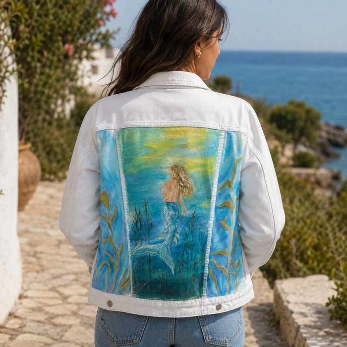 Mermaid & Angel Fish | White Denim Jacket | Size Medium