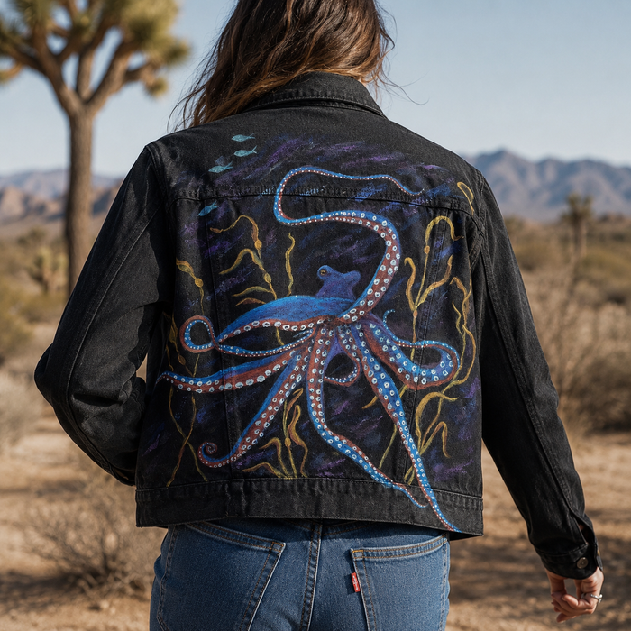 Blue & Red Octopus | Black Denim Jacket | Size Large